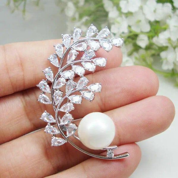 Broches noiva elegante pena flor pingente broche de casamento pino claro zircão cristal