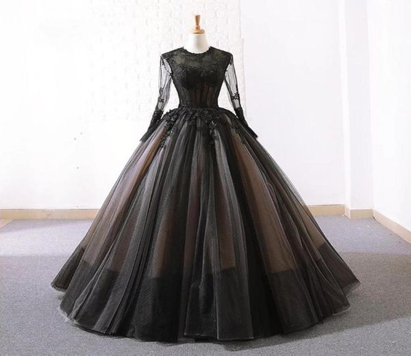 Vintage preto nu gótico vestidos de casamento com mangas compridas jóia pescoço até o chão vestidos de noiva não brancos com cor custom made6093979