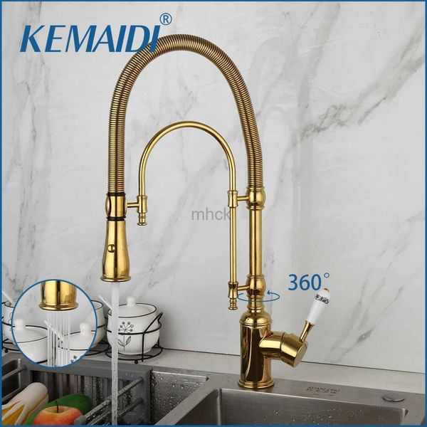 Torneiras de cozinha KEMAIDI Golden Spring Down pia de cozinha guindaste misturador quente e frio com duas bicas montadas a bordo para torneiras quentes e frias 240319