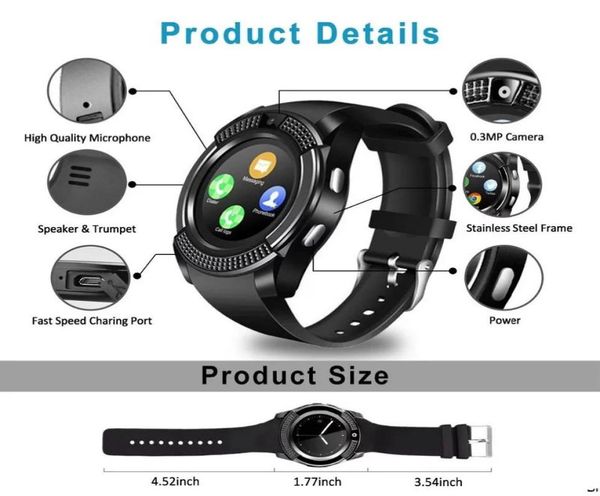 Vender relógio inteligente Bluetooth V8 tela sensível ao toque Android à prova d'água esporte masculino feminino smartwatch com câmera cartão SIM8758632