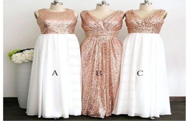 2018 Top con paillettes in oro rosa Gonna in chiffon bianco Abiti lunghi da damigella d'onore economici Scollo a V Stile gioiello increspato per il paese di nozze Prom Fo2710492