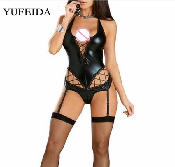 Yufeida novo macacão sexy de corte alto halter gótico feminino couro sintético aparência molhada látex catsuit malha bodysuit stripper dança clubwear y7359245