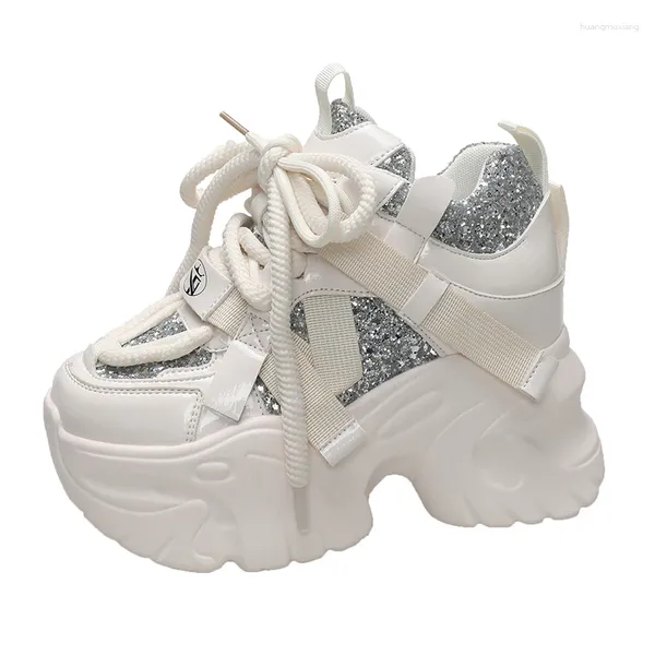 Scarpe casual 2024 Primavera Chunky Sneakers Donna Bling Platform Sport Donna Goth Fondo spesso Tacchi alti Donna 10CM Pelle