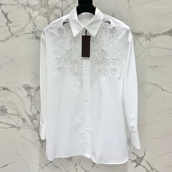 Женские блузки Белые кружевные рубашки с цветочной вышивкой Модная однобортная блузка с длинными рукавами с лацканами 2024 Весна Y2K Одежда Подиум
