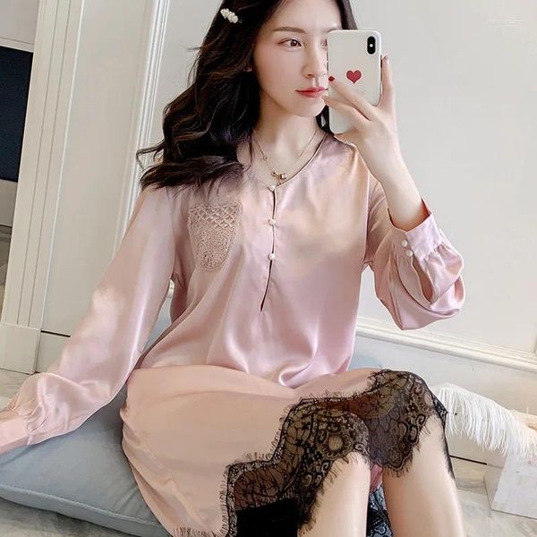 Mulheres sleepwear rosa cetim camisola senhora manga cheia sleepshirt sexy laço preto princesa saia lingerie nightwear casual casa vestir