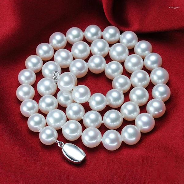 Catene di GIOIELLI pregiati Natural Bright 9-10MM Collana di perle d'acqua dolce bianche Genuino Invia mamma Chiusura in argento 925