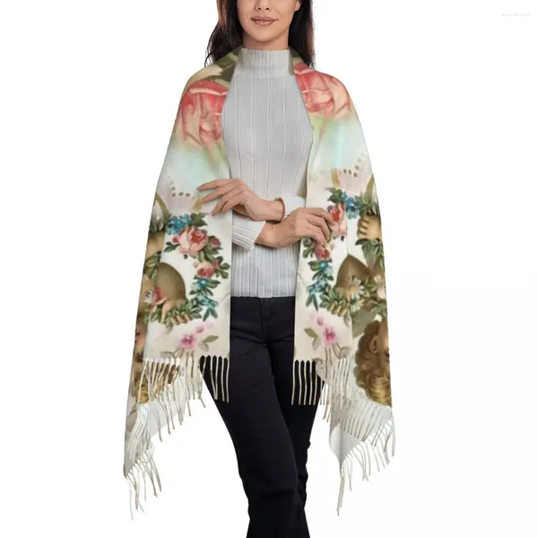 Шарфы женские, большие винтажные, с розой, викторианский ангел, женский зимний мягкий теплый шарф с кисточками, шаль, шарф