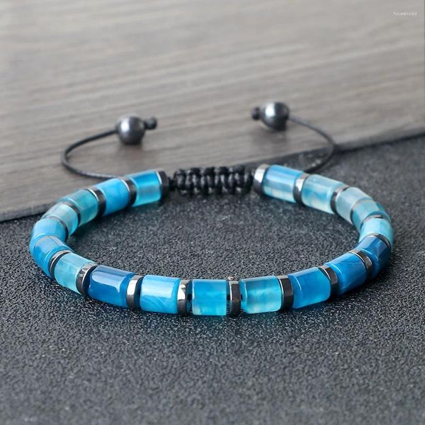 Синий плетеный браслет в форме цилиндра, круглый черный желчный камень, разделитель из агата, браслет-цепочка для женщин и мужчин, натуральный браслет, ювелирные изделия, подарок