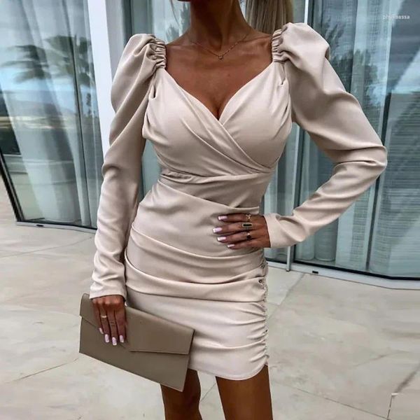 Casual Kleider Frühling Langarm Pendeln A-Linie Kleid Elegante Hohe Taille Solide Mini Mode Frauen V-ausschnitt Drapiert Schlank Club