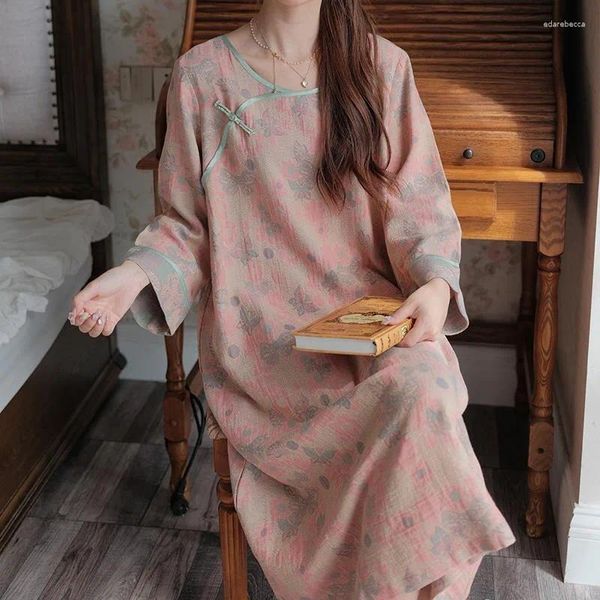 Mulheres sleepwear primavera e outono sleepshirts feminino chinês cheongsam camisola mulheres gola redonda loungewear fino antigo solto homewear