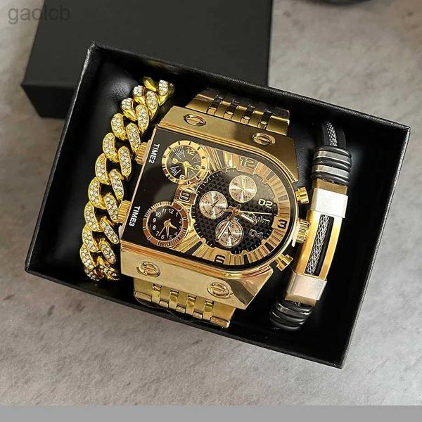 Armbanduhren Oulm Top Großes Zifferblatt Herrenuhr Quadrat Gold Quarz Armbanduhr für Mann Sport Multi-Zeitzone Militär Männlich Wasserdicht 2023 24319