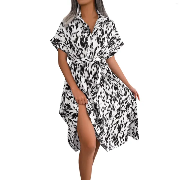 Vestidos casuais leopardo impressão camisa para mulheres verão turn-down colarinho botão vestido lace up senhoras festa uma linha