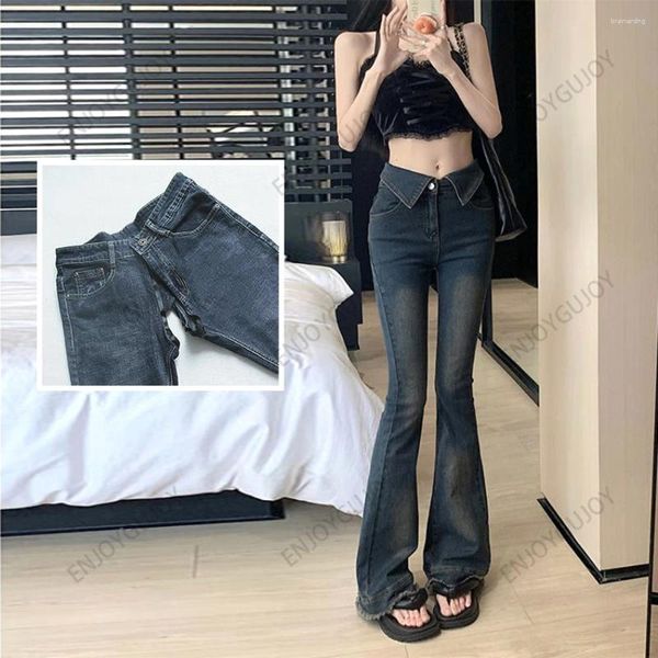 Jeans da donna Lavare il pavimento Pantaloni Invisibile con apertura sul cavallo Sesso all'aperto Ms Vita con risvolto Pantaloni slim fit micro svasati