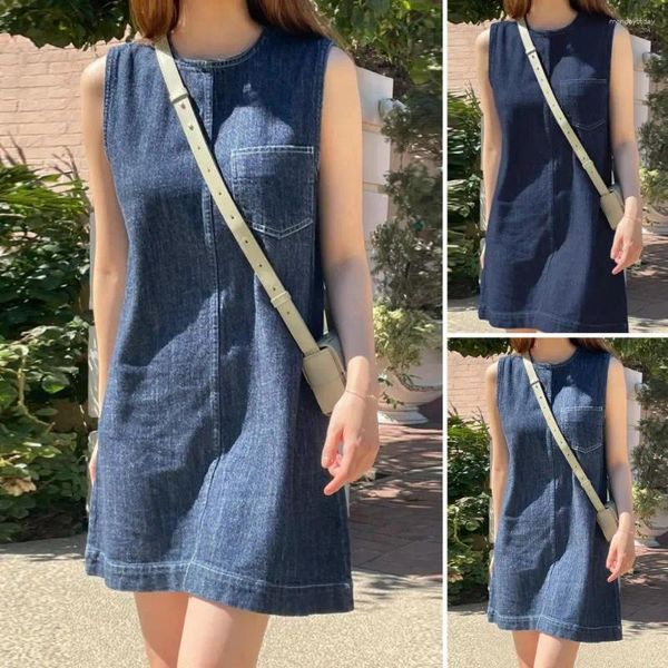 Casual Dresses Ärmelloses Trägerkleid Frauen 2024 Sommer Einreiher Taschen Denim Frau Koreanischer Stil Lose A Line Mini