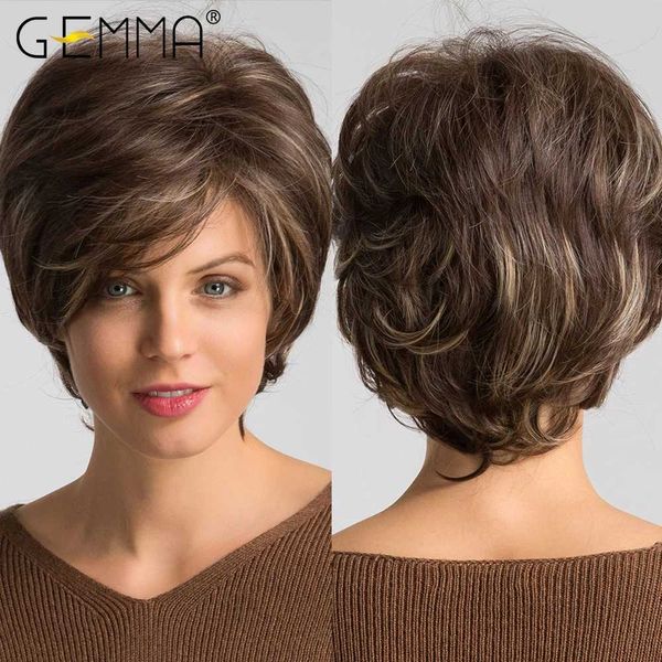 Synthetische Perücken GEMMA Gemischte braune blonde Highlight-Synthetik-Perücke, kurze, gewellte Pixie-Schnitt-Bob-Perücken mit Pony für Frauen, natürliches hitzebeständiges Haar 240328 240327