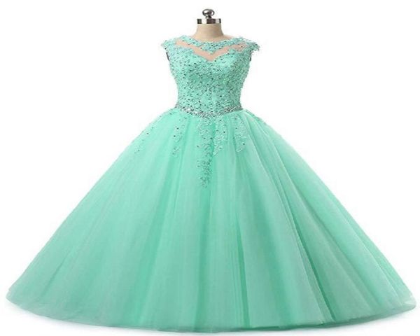 Sweet 16 Quinceanera Pageant Vestidos Lace Applique Tulle Ball Gown Prom Vestidos Longos Vestidos 15 anos Keyhole Back Debutante Masqu3774299