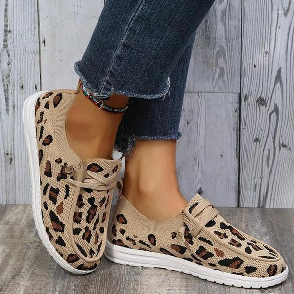 Повседневная обувь, вязаные леопардовые кроссовки, женские удобные слипоны, сетчатая обувь на плоской подошве, женские летние дышащие сетчатые спортивные туфли