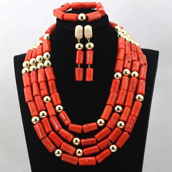 Halskette Ohrringe Set Neueste Design Echte Natürliche Korallen Orange Perlen Schmuck Nigerianischen Hochzeit Afrikanisches Freies Schiff ALJ799