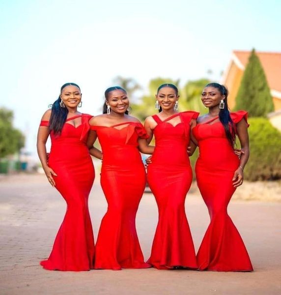 2021 novo sexy africano vermelho cetim sereia longo vestidos de dama de honra fora do ombro ruched plus size personalizado casamento convidado empregada de hon5605389