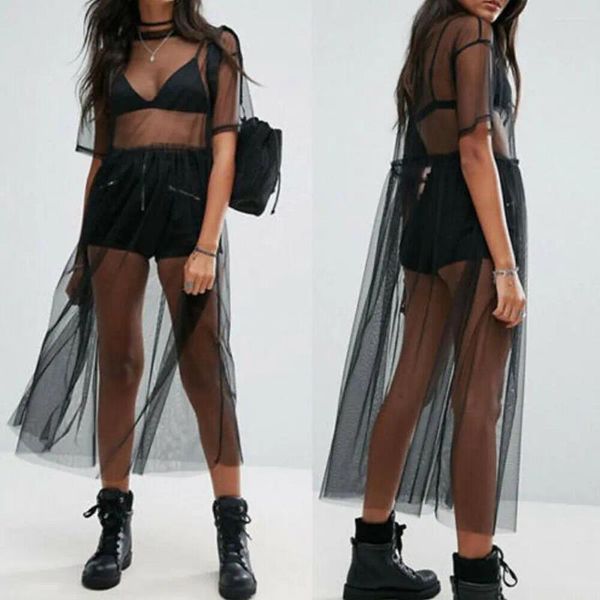 Lässige Kleider Damen Sexy Schwarz Einfarbig Sheer See-through Mesh Kurzarm Cover Ups Midikleid Tüll Spitze Langes Sommerkleid