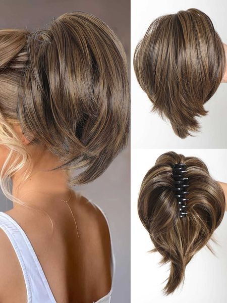 Sentetik peruklar sentetik peruklar sentetik pençe klips diy kısa at kuyruğu saçları bükülebilir metaller topuz parça parçası peruk düz saçları kadınlar için düz saç