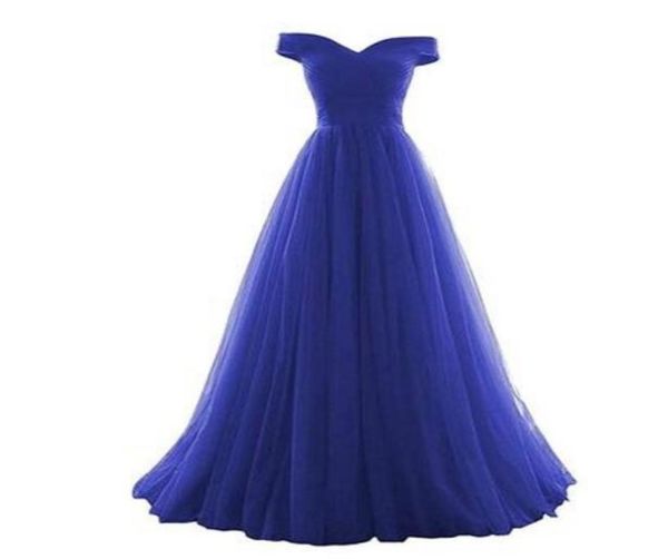 Abiti da damigella d'onore eleganti blu royal lunghi fino al pavimento in tulle vita impero damigella d'onore abiti da sposa con spalle scoperte6464853