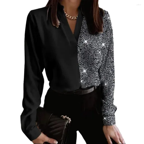 Blusas femininas camisa feminina respirável manga longa elegante cor bloco lantejoulas blusa para senhora do escritório topo com strass primavera