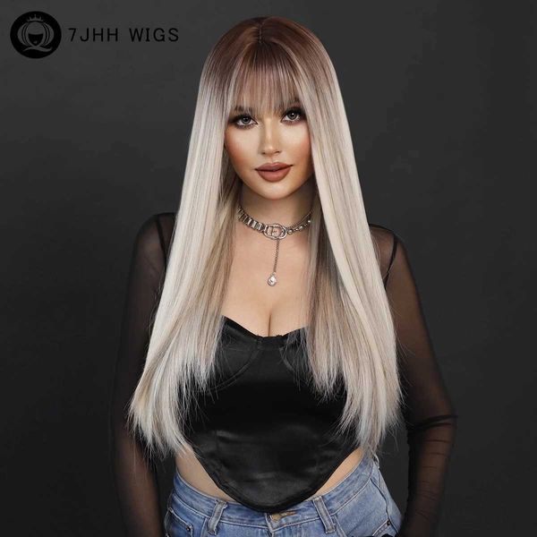 Synthetische Perücken, 7JHH WIGS, lange, glatte, aschblonde Perücke für Frauen, tägliche Party, hellbraune synthetische geschichtete Haarperücken mit Pony, hohe Dichte, 240329