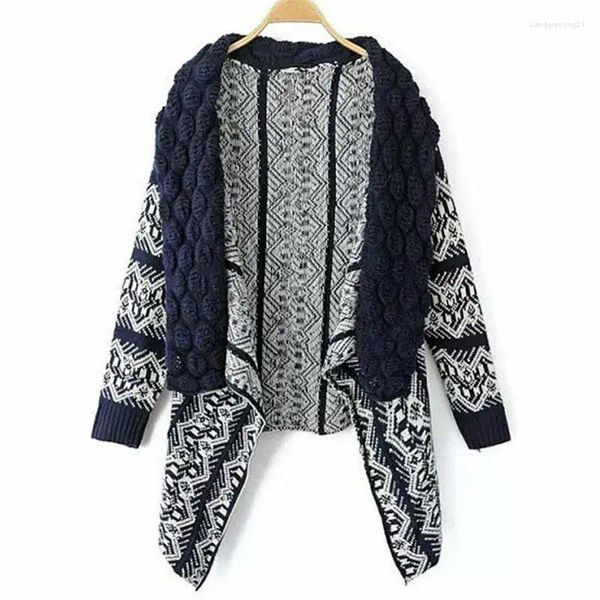 Frauen Strick Chic Vintage Unregelmäßige Strickjacke Batwing Geometrische Umhang Poncho Gestreiften Mantel Langarm Schal Top 2024