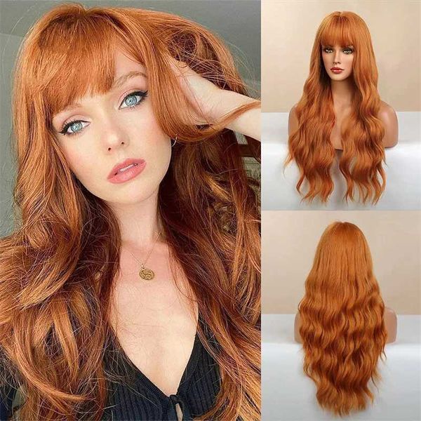 Perucas sintéticas cosplay perucas onda grande peruca feminino laranja ar franja longo cabelo encaracolado síntese facial alta temperatura peruca de seda capa de cabeça 240328 240327