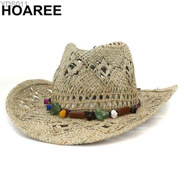 Cappelli a tesa larga Secchio HOAREE Cappello da cowboy Estate Str Donna fatto a mano da sole per uomo Cowgirl Falsa gemma Decorazione Casual Berretto da spiaggia Panama 240319