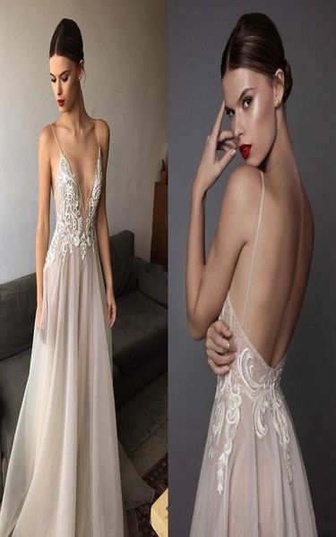 2020 Novo Marfim Berta Vestidos de Noite Profundo Decote Em V Spaghetti Bordado Chiffon Backless Verão Ilusão Longos Vestidos de Baile 29464240