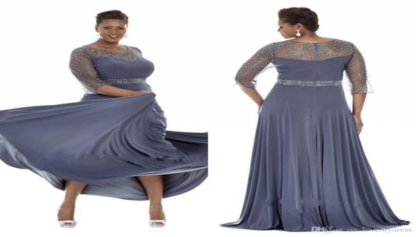 Cinza Plus Size Vestidos de Ocasião Especial 2019 Mangas Transparentes Vestidos de Noite Com Contas Mãe da Noiva Vestido de Festa Plus Longo Dres1580460