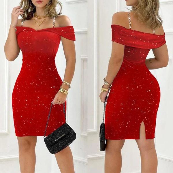 Casual Kleider Frauen Off Schulter Sexy Party Kleid V-ausschnitt Schlank Enge Mode Shiny Kurzarm Kette Riemen Elegante Damen robe