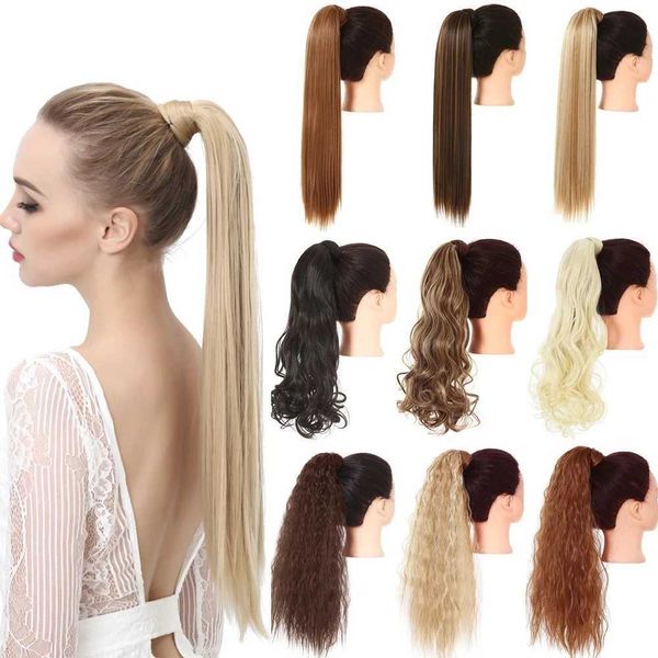 Perucas sintéticas clipe sintético em rabo de cavalo peruca de cabelo em linha reta Kinky Curly longo envoltório em torno de rabo de cavalo falso loiro falso afro peruca 240328 240327