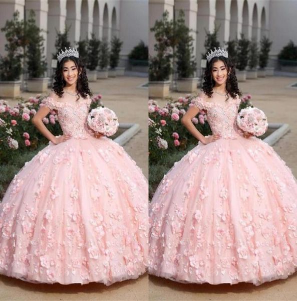 2022 modesto luz rosa quinceanera vestidos com flores 3d floral applique frisado fora do ombro doce 16 vestido de baile inchado9443378