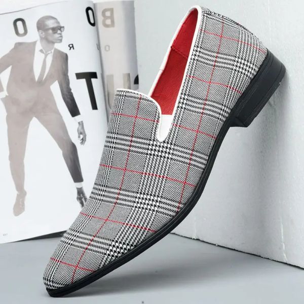 Botas novas sapatos xadrez de design para homens deslizam em sapatos masculinos de alta qualidade Point Point Toe Wedding Shoes Big Size 48