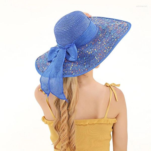 Hüte mit breiter Krempe, faltbarer Strohhut mit Schleifenknoten für Damen, Outdoor-Urlaub, Strand, Sonnenschutz und atmungsaktives Geschenk