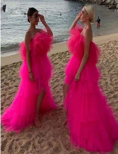 Elegante 2020 rosa muito inchado tutu vestidos de baile alta baixa babados em camadas longos vestidos de baile vestidos de festa africano71970743667245
