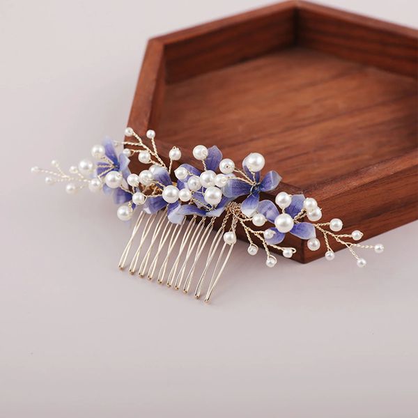 Blumen-Tiara-Haarkamm, Hochzeits-Accessoires für Frauen, blaue Blume, Perlen-Haarnadel, Seitennadel, Mädchen-Party, Kopfbedeckung, Charm-Schmuck 240311