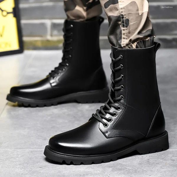 Botas masculinas tamanho grande moda original couro alto outono inverno sapatos bonito longo combate bota cowboy tático botas hombre