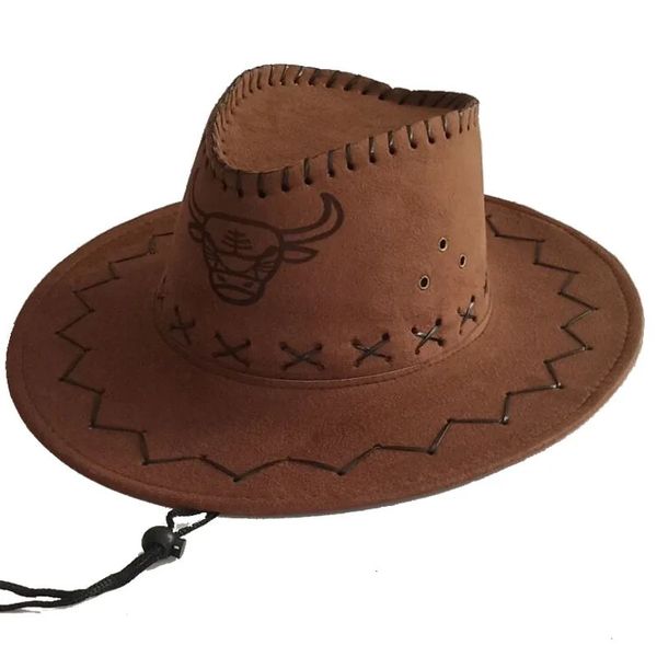 Homens Mulheres Verão Viagem Protetor Solar Camurça Couro Ocidental Cowboy Chapéu Dos Desenhos Animados Cabeça De Vaca Impressão Grande Aba Larga Sun Jazz Cosplay Cap W65 240311