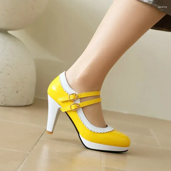 Scarpe eleganti giallo color bianco misto chiuso a doppia fibbia cintura lady classic dyms di grande dimensione 47 48 tacchi alti mary janes