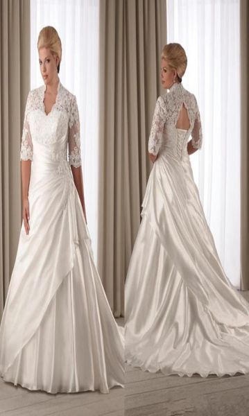 2019 Abiti da sposa in pizzo taglie forti Scollo a V maniche mezze lunghe Corsetto aperto sexy Indietro Treno lungo Abiti da sposa da chiesa Vest su misura3043701