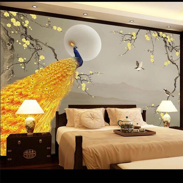 Wallpapers wellyu papel de parede para quarto personalizado papel de parede chinês flor de ameixa pavão pano de fundo pintura decorativa tapety