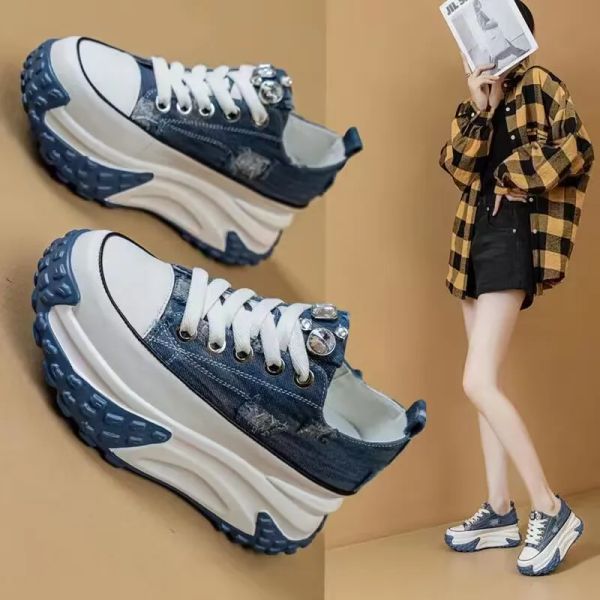Сапоги женские платформы кроссовки клин обувь 2023 Женская высота 6 см. Выращивание дамская дышащая джинсовая ткань повседневная обувь холст обувь
