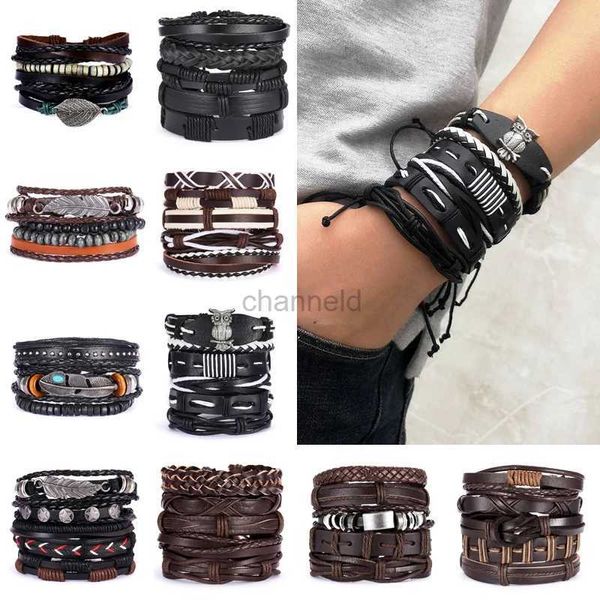 Bangle Vintage Multi Camada Pulseira De Couro Conjunto Para Mulheres Homens Folha Caneta Mão Trançada Lenço Charme Pulseira Jóias Acessórios 240319