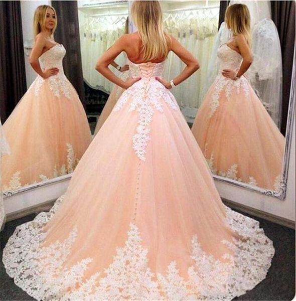 Abito da sposa pesca con scollo a cuore e abiti da ballo colorati. Abito da sposa Quinceanera con applicazioni in pizzo avorio9091262