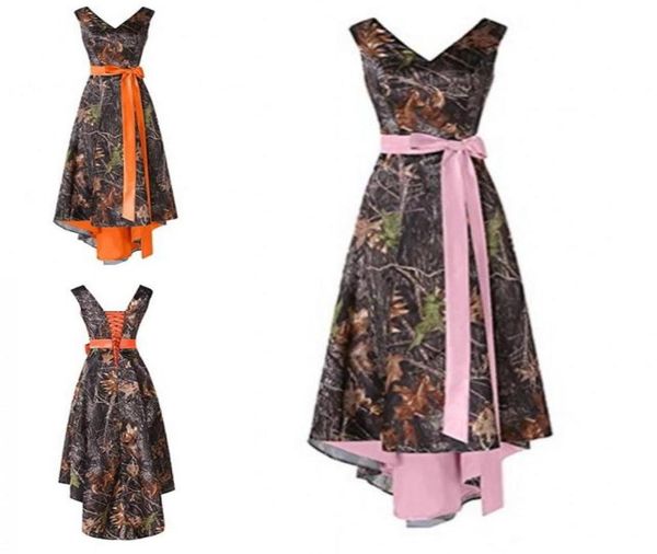 Camo hilo Vestidos de dama de honra baratos 2020 V pescoço fita arcos laranja rosa cetim interno casamento convidado baile de formatura vestido de festa formal atacado9696717