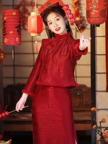 Ethnische Kleidung, rot, Cheongsam, Winter, langärmelig, synthetische Spitze, Jahreskleidung, Weste, Anzugkleid